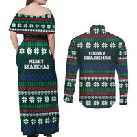 Merry Sharkmas Christmas Couples Matching Off Shoulder Maxi Dress and Long Sleeve Button Shirt Xmas Holiday Patterns - Wonder Print Shop