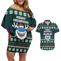 Merry Sharkmas Christmas Couples Matching Off Shoulder Short Dress and Hawaiian Shirt Xmas Holiday Patterns - Wonder Print Shop