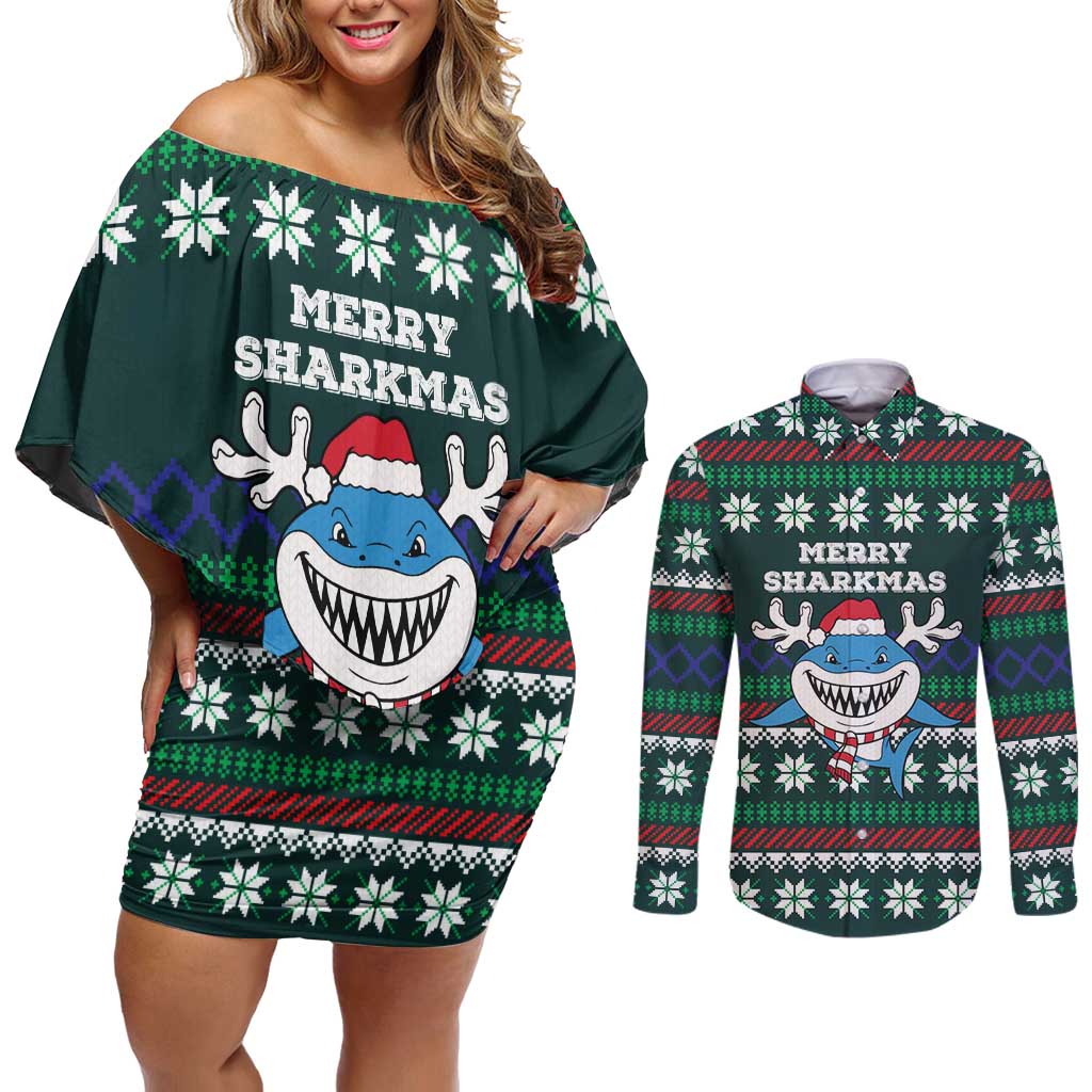 Merry Sharkmas Christmas Couples Matching Off Shoulder Short Dress and Long Sleeve Button Shirt Xmas Holiday Patterns - Wonder Print Shop