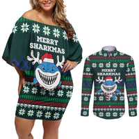 Merry Sharkmas Christmas Couples Matching Off Shoulder Short Dress and Long Sleeve Button Shirt Xmas Holiday Patterns - Wonder Print Shop