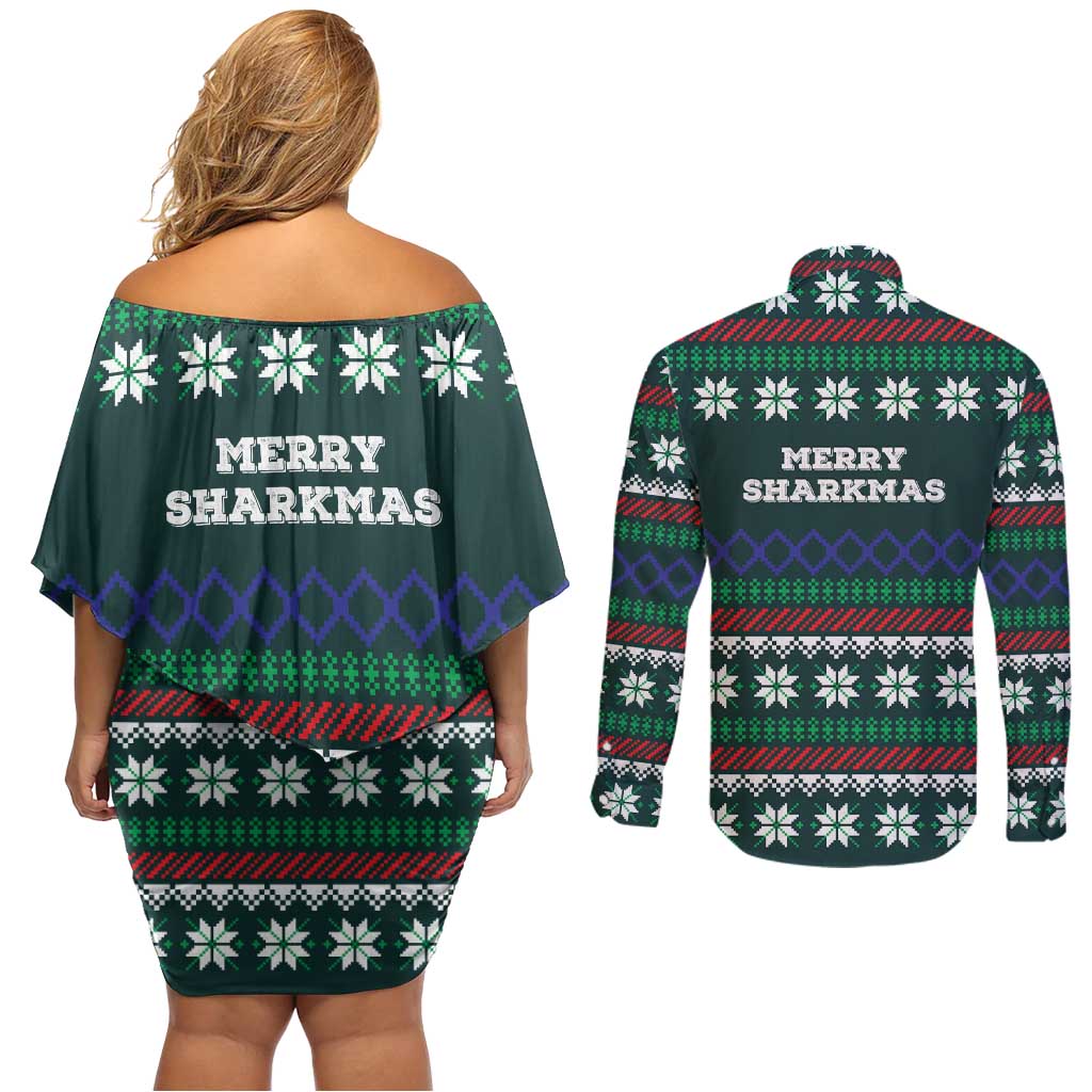 Merry Sharkmas Christmas Couples Matching Off Shoulder Short Dress and Long Sleeve Button Shirt Xmas Holiday Patterns - Wonder Print Shop