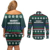Merry Sharkmas Christmas Couples Matching Off Shoulder Short Dress and Long Sleeve Button Shirt Xmas Holiday Patterns - Wonder Print Shop