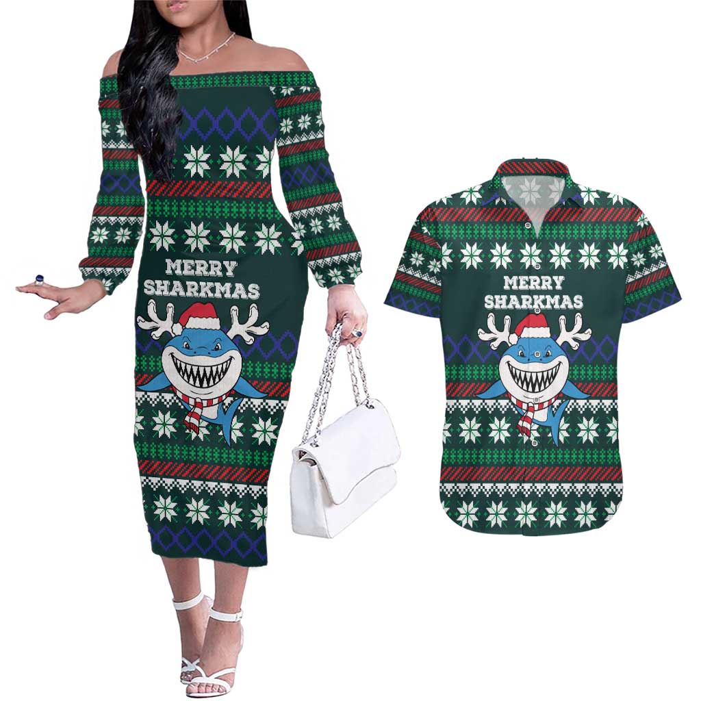 Merry Sharkmas Christmas Couples Matching Off The Shoulder Long Sleeve Dress and Hawaiian Shirt Xmas Holiday Patterns - Wonder Print Shop