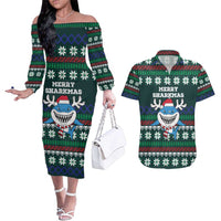 Merry Sharkmas Christmas Couples Matching Off The Shoulder Long Sleeve Dress and Hawaiian Shirt Xmas Holiday Patterns - Wonder Print Shop