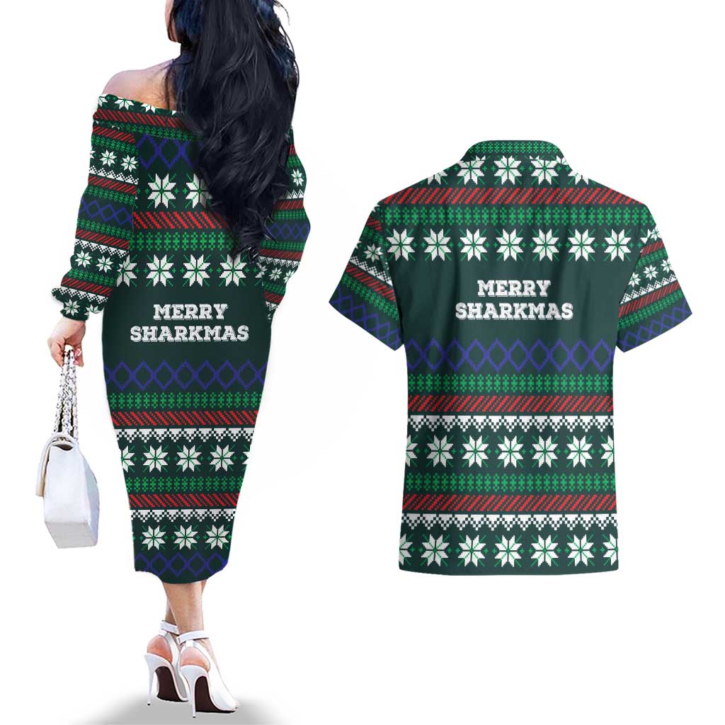 Merry Sharkmas Christmas Couples Matching Off The Shoulder Long Sleeve Dress and Hawaiian Shirt Xmas Holiday Patterns - Wonder Print Shop