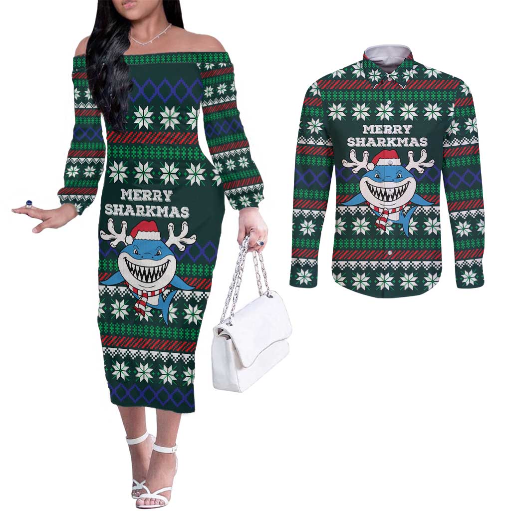 Merry Sharkmas Christmas Couples Matching Off The Shoulder Long Sleeve Dress and Long Sleeve Button Shirt Xmas Holiday Patterns - Wonder Print Shop