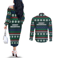 Merry Sharkmas Christmas Couples Matching Off The Shoulder Long Sleeve Dress and Long Sleeve Button Shirt Xmas Holiday Patterns - Wonder Print Shop