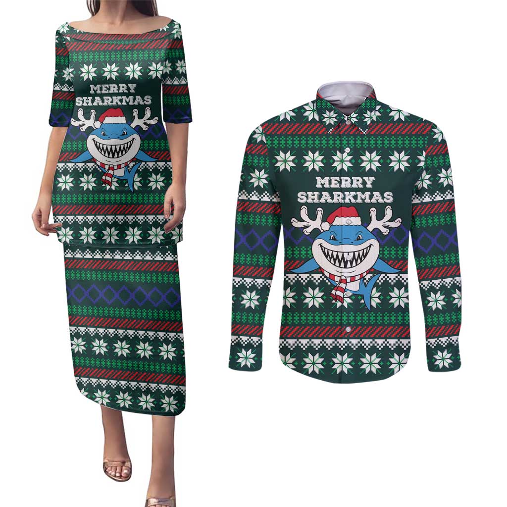 Merry Sharkmas Christmas Couples Matching Puletasi and Long Sleeve Button Shirt Xmas Holiday Patterns - Wonder Print Shop