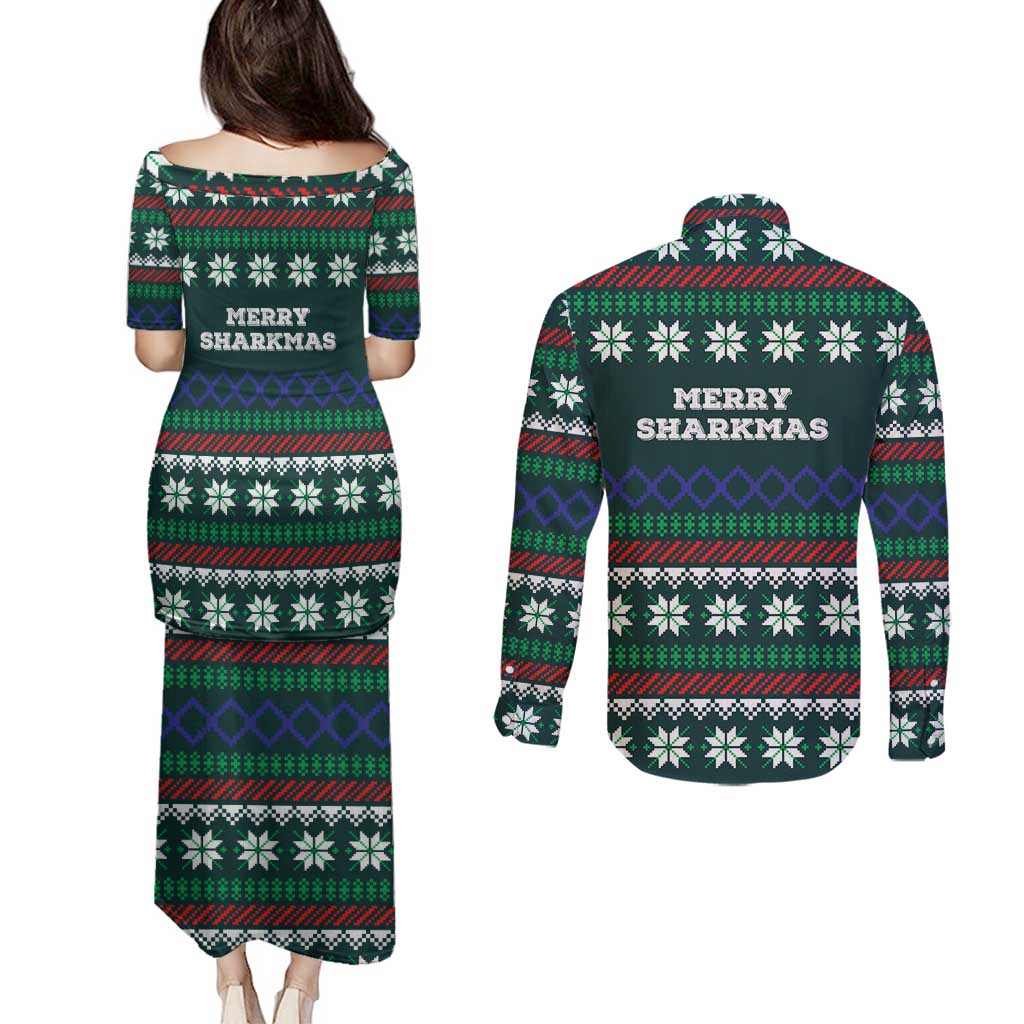 Merry Sharkmas Christmas Couples Matching Puletasi and Long Sleeve Button Shirt Xmas Holiday Patterns - Wonder Print Shop