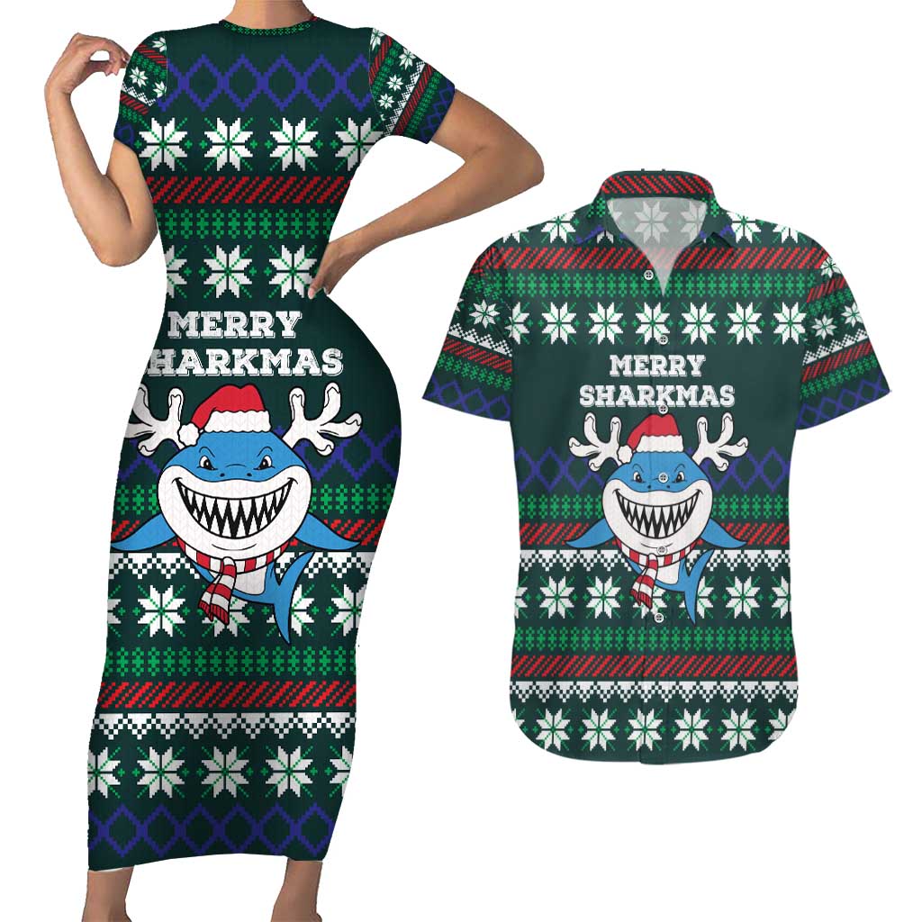 Merry Sharkmas Christmas Couples Matching Short Sleeve Bodycon Dress and Hawaiian Shirt Xmas Holiday Patterns - Wonder Print Shop