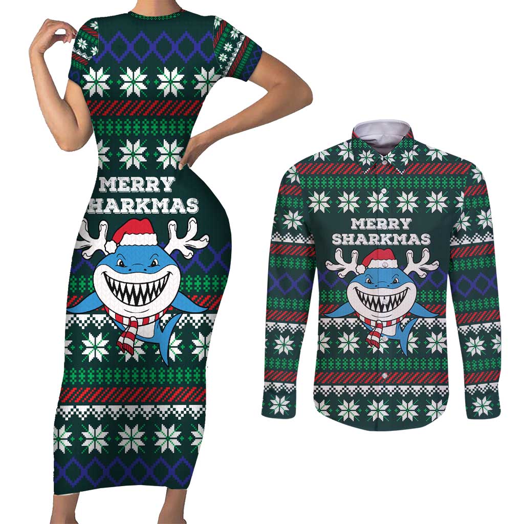 Merry Sharkmas Christmas Couples Matching Short Sleeve Bodycon Dress and Long Sleeve Button Shirt Xmas Holiday Patterns - Wonder Print Shop