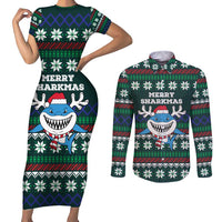 Merry Sharkmas Christmas Couples Matching Short Sleeve Bodycon Dress and Long Sleeve Button Shirt Xmas Holiday Patterns - Wonder Print Shop
