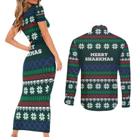 Merry Sharkmas Christmas Couples Matching Short Sleeve Bodycon Dress and Long Sleeve Button Shirt Xmas Holiday Patterns - Wonder Print Shop