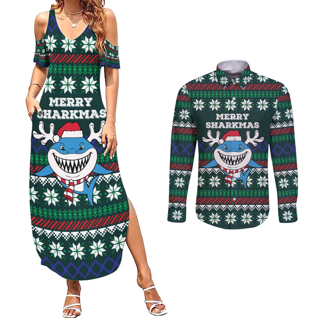 Merry Sharkmas Christmas Couples Matching Summer Maxi Dress and Long Sleeve Button Shirt Xmas Holiday Patterns - Wonder Print Shop