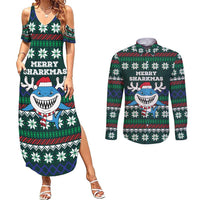 Merry Sharkmas Christmas Couples Matching Summer Maxi Dress and Long Sleeve Button Shirt Xmas Holiday Patterns - Wonder Print Shop
