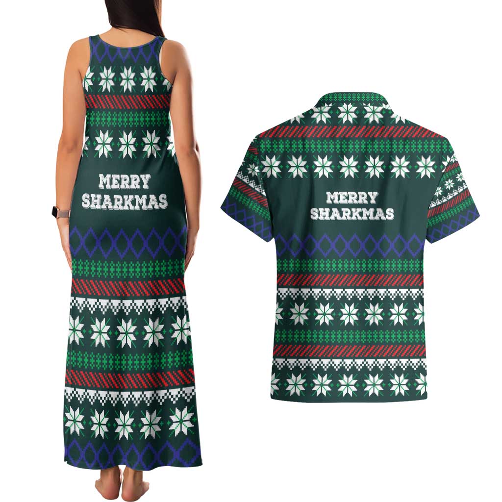 Merry Sharkmas Christmas Couples Matching Tank Maxi Dress and Hawaiian Shirt Xmas Holiday Patterns - Wonder Print Shop