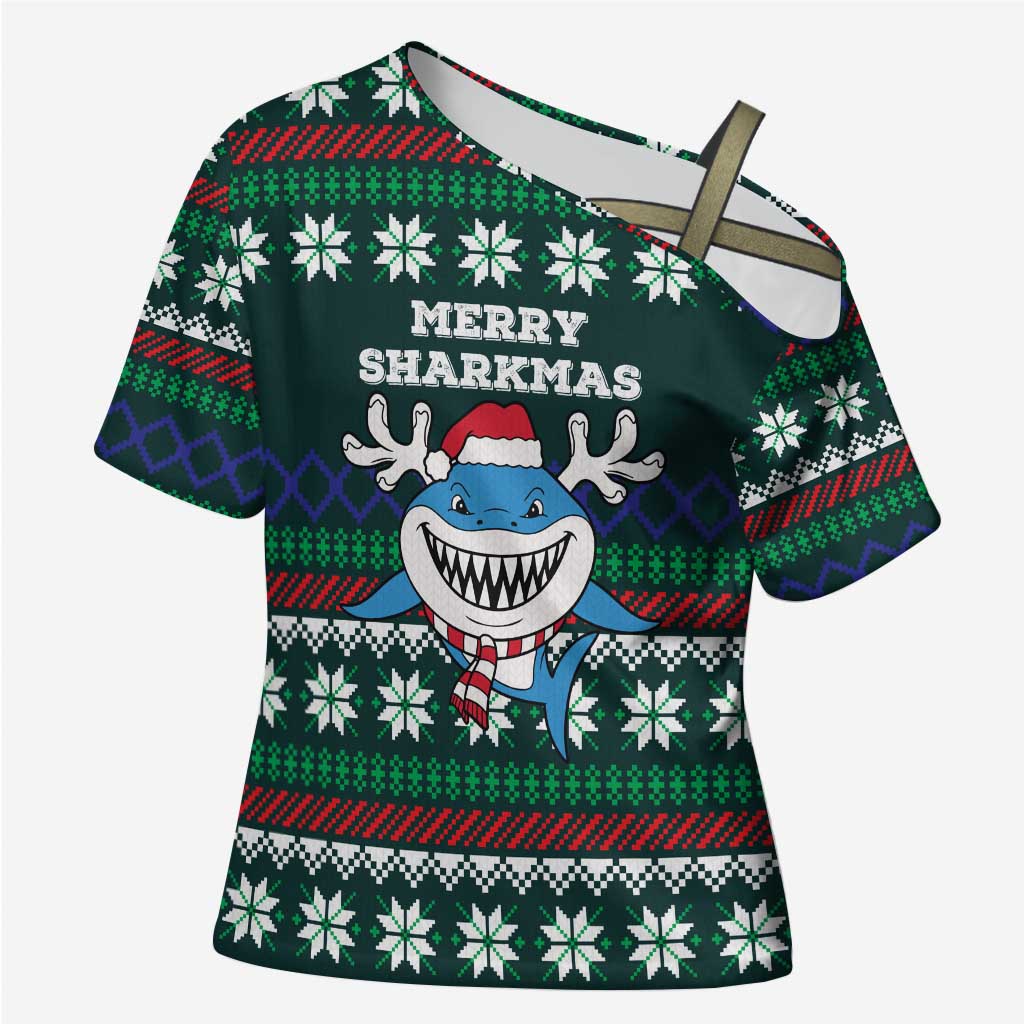 Merry Sharkmas Christmas Cross Shoulder Shirt Xmas Holiday Patterns - Wonder Print Shop