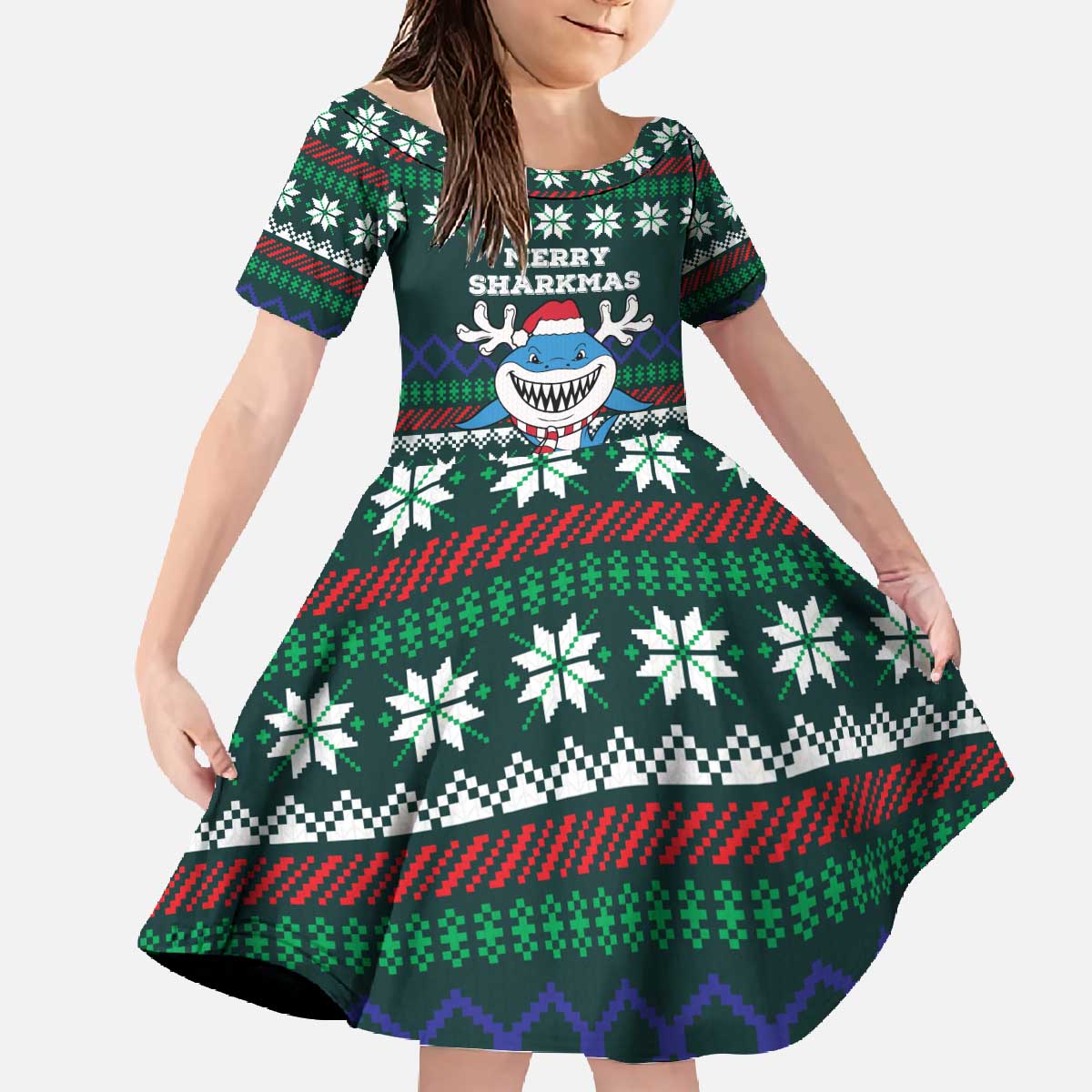 Merry Sharkmas Christmas Family Matching Off The Shoulder Long Sleeve Dress and Hawaiian Shirt Xmas Holiday Patterns - Wonder Print Shop