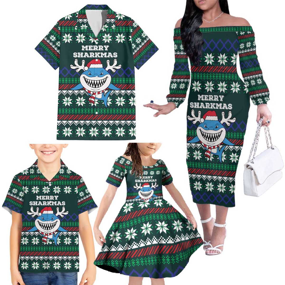 Merry Sharkmas Christmas Family Matching Off The Shoulder Long Sleeve Dress and Hawaiian Shirt Xmas Holiday Patterns - Wonder Print Shop