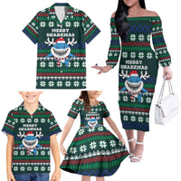 Merry Sharkmas Christmas Family Matching Off The Shoulder Long Sleeve Dress and Hawaiian Shirt Xmas Holiday Patterns - Wonder Print Shop