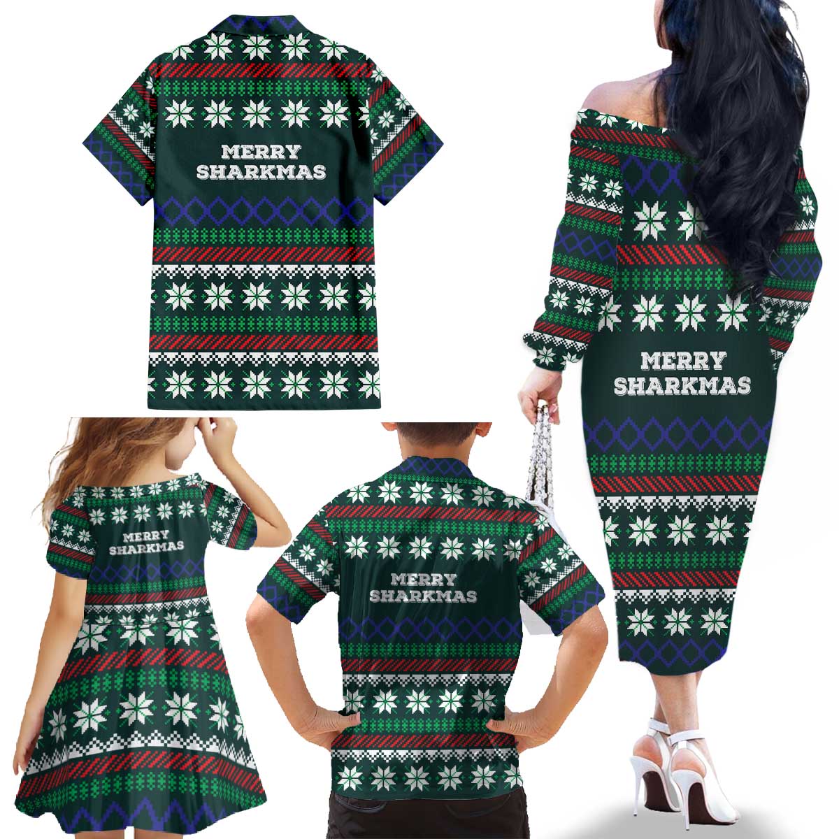 Merry Sharkmas Christmas Family Matching Off The Shoulder Long Sleeve Dress and Hawaiian Shirt Xmas Holiday Patterns - Wonder Print Shop