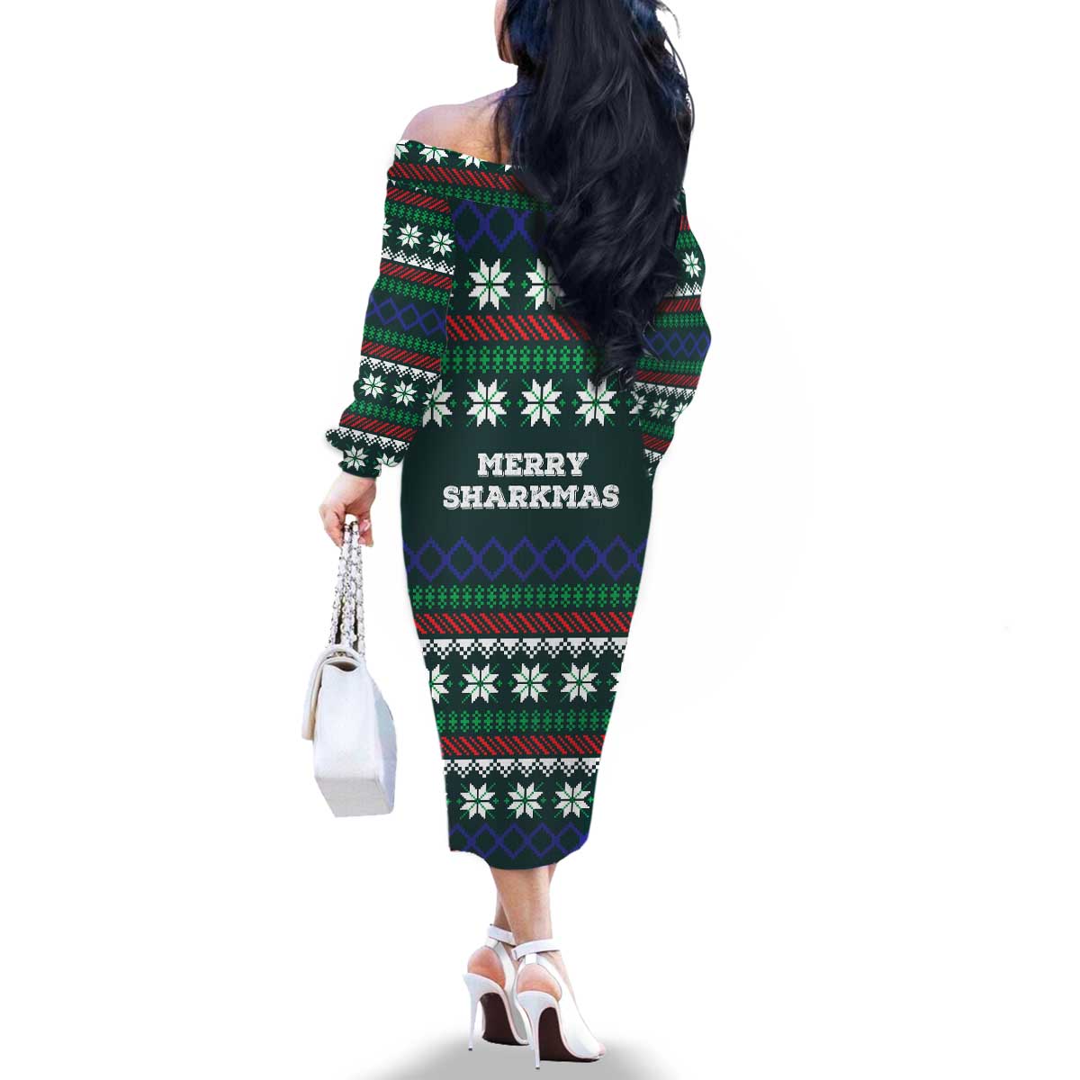 Merry Sharkmas Christmas Family Matching Off The Shoulder Long Sleeve Dress and Hawaiian Shirt Xmas Holiday Patterns - Wonder Print Shop