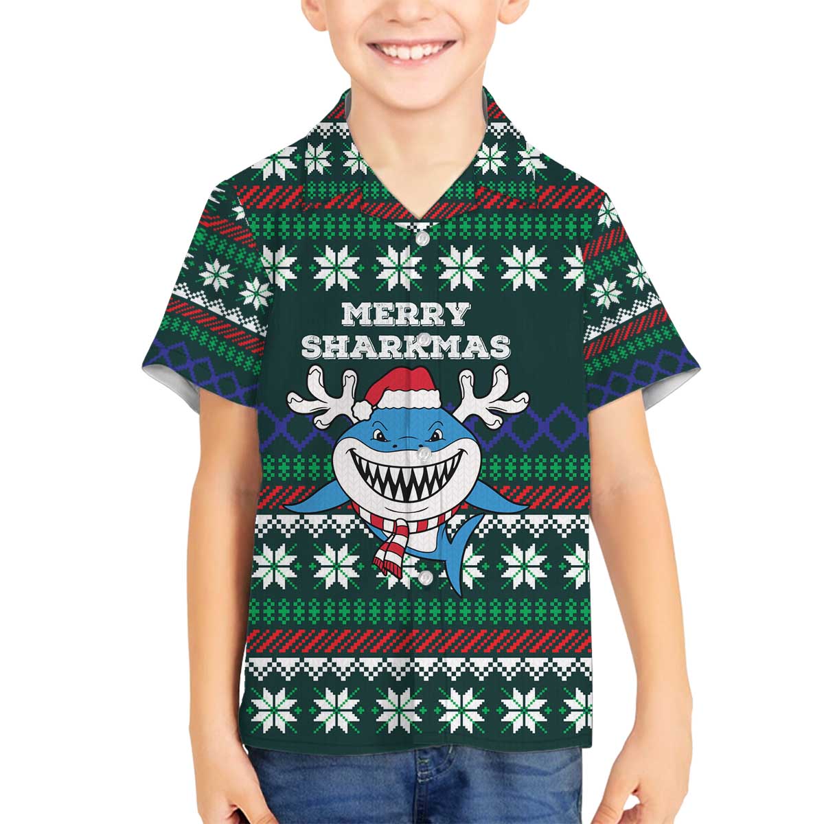 Merry Sharkmas Christmas Family Matching Off The Shoulder Long Sleeve Dress and Hawaiian Shirt Xmas Holiday Patterns - Wonder Print Shop