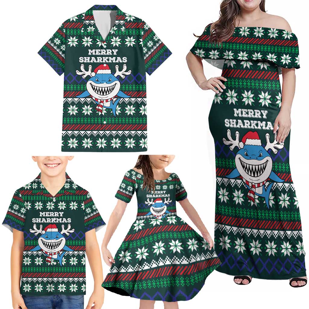 Merry Sharkmas Christmas Family Matching Off Shoulder Maxi Dress and Hawaiian Shirt Xmas Holiday Patterns - Wonder Print Shop