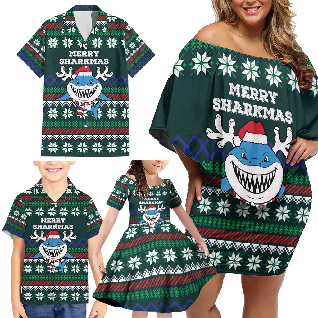 Merry Sharkmas Christmas Family Matching Off Shoulder Short Dress and Hawaiian Shirt Xmas Holiday Patterns - Wonder Print Shop