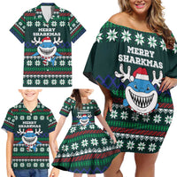 Merry Sharkmas Christmas Family Matching Off Shoulder Short Dress and Hawaiian Shirt Xmas Holiday Patterns - Wonder Print Shop
