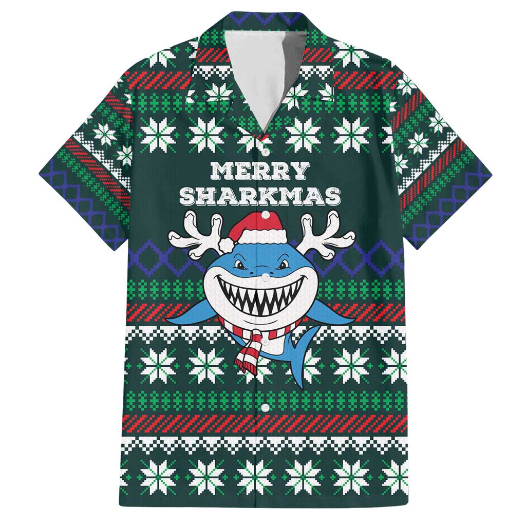 Merry Sharkmas Christmas Family Matching Off Shoulder Short Dress and Hawaiian Shirt Xmas Holiday Patterns - Wonder Print Shop