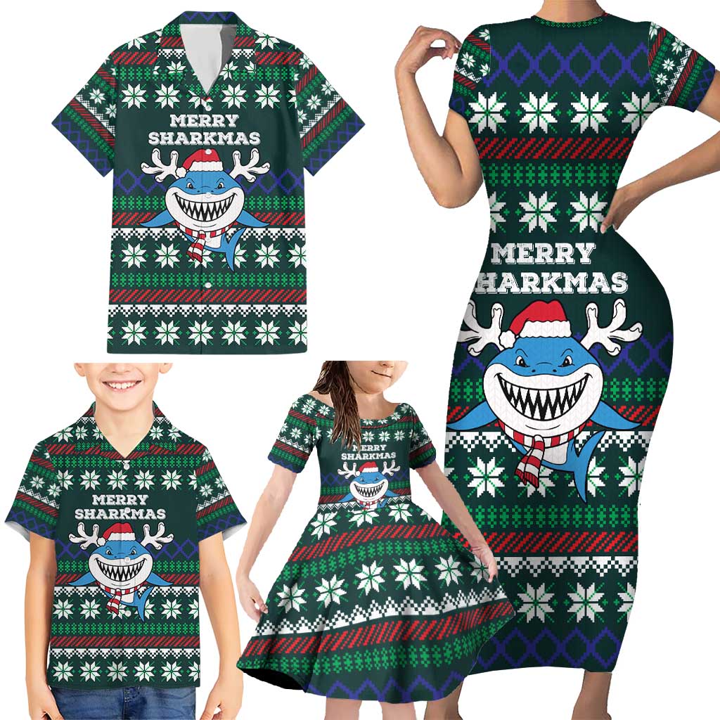 Merry Sharkmas Christmas Family Matching Short Sleeve Bodycon Dress and Hawaiian Shirt Xmas Holiday Patterns - Wonder Print Shop