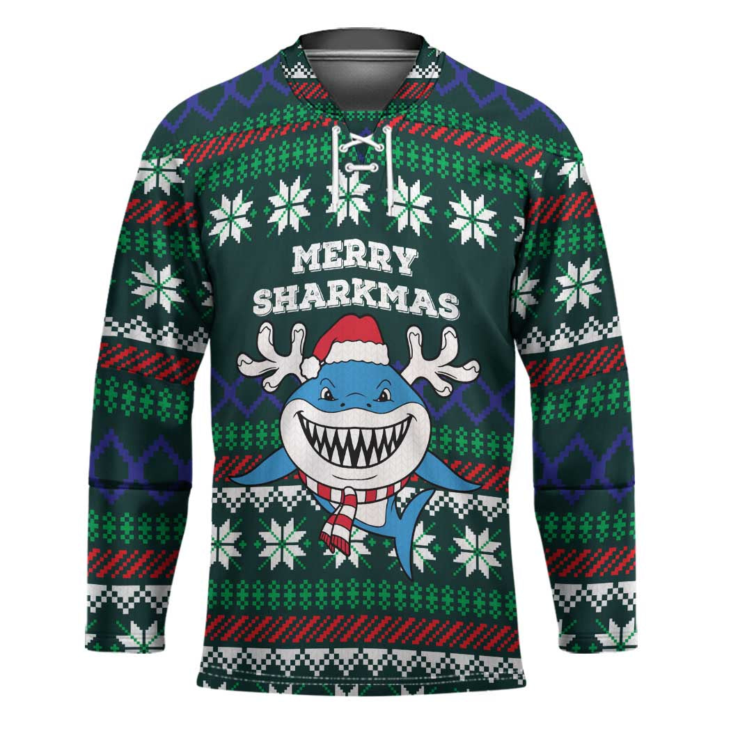 Merry Sharkmas Christmas Hockey Jersey Xmas Holiday Patterns - Wonder Print Shop