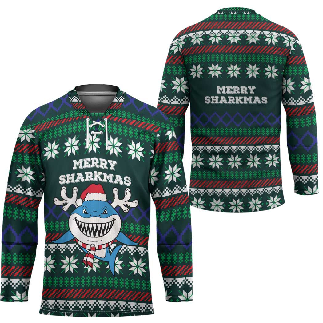 Merry Sharkmas Christmas Hockey Jersey Xmas Holiday Patterns - Wonder Print Shop