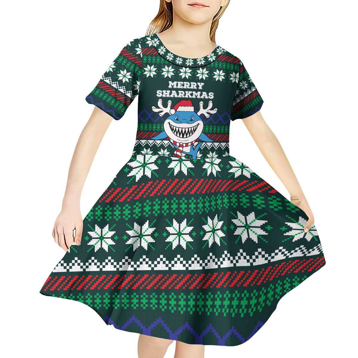 Merry Sharkmas Christmas Kid Short Sleeve Dress Xmas Holiday Patterns - Wonder Print Shop