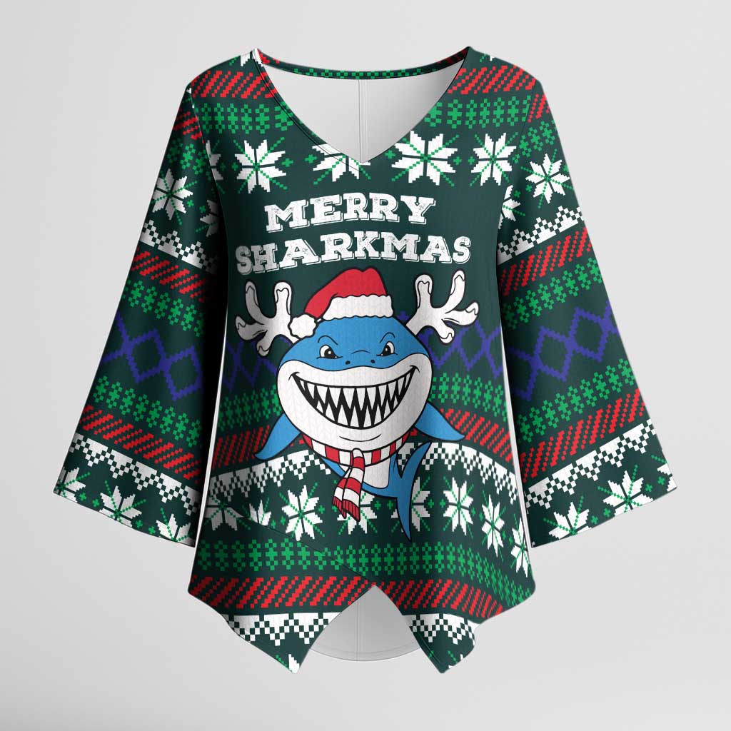 Merry Sharkmas Christmas Kimono Sleeve Blouse Xmas Holiday Patterns - Wonder Print Shop