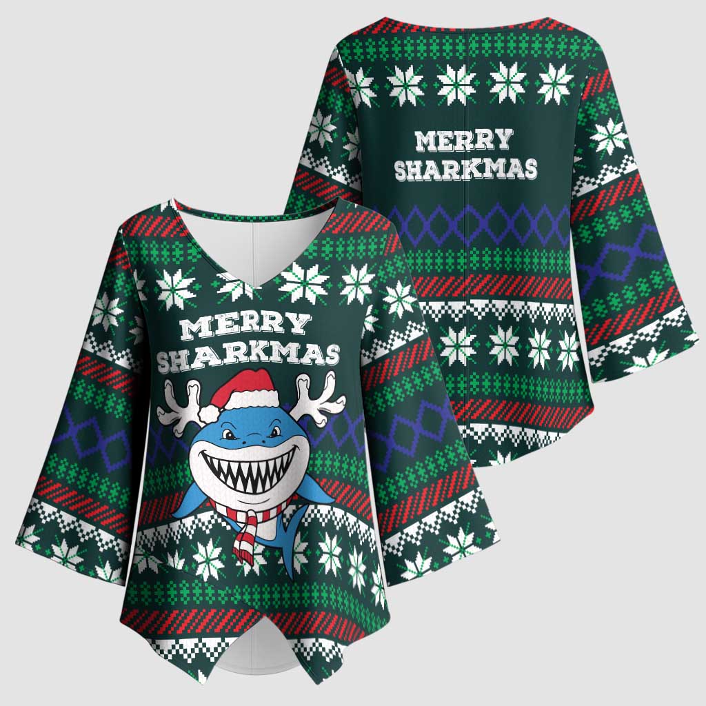 Merry Sharkmas Christmas Kimono Sleeve Blouse Xmas Holiday Patterns - Wonder Print Shop
