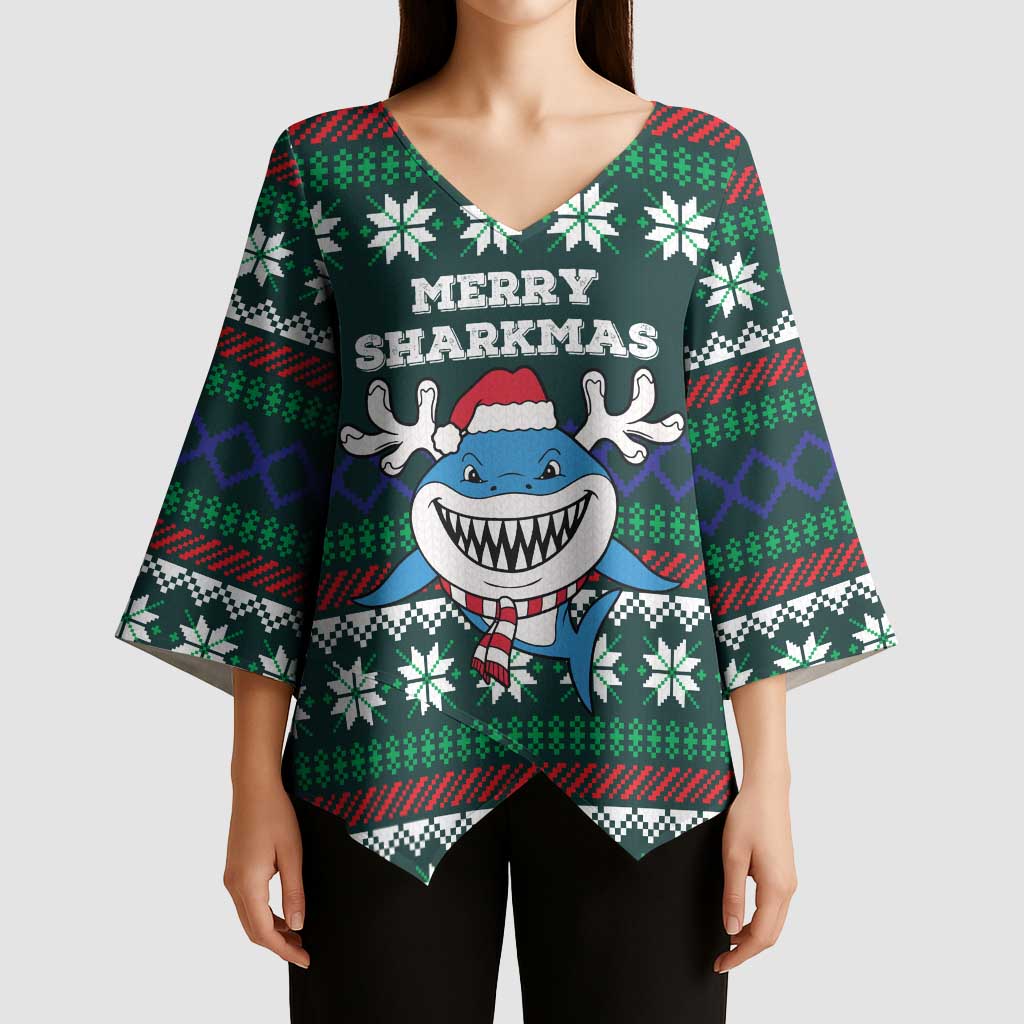 Merry Sharkmas Christmas Kimono Sleeve Blouse Xmas Holiday Patterns - Wonder Print Shop