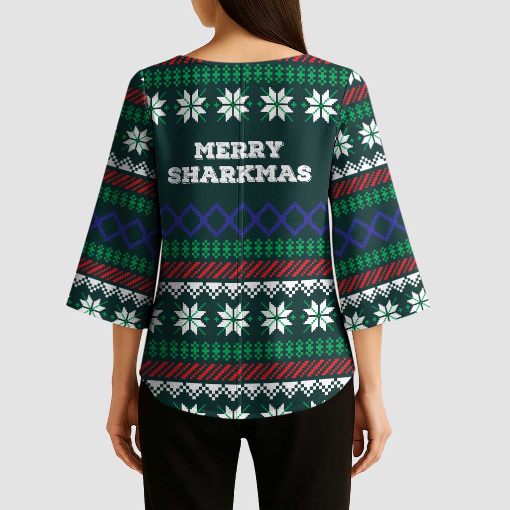 Merry Sharkmas Christmas Kimono Sleeve Blouse Xmas Holiday Patterns - Wonder Print Shop
