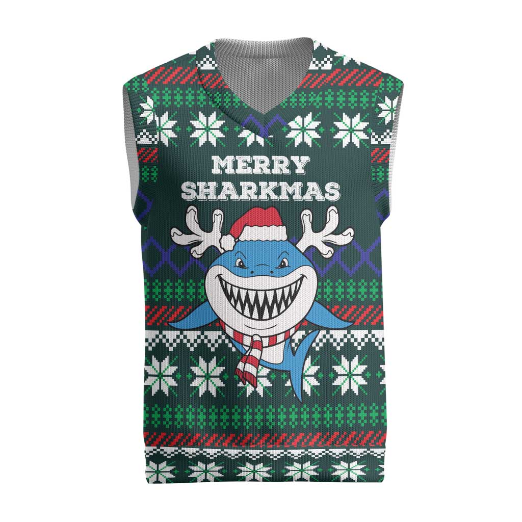 Merry Sharkmas Christmas Knitted V-Neck Vest Xmas Holiday Patterns - Wonder Print Shop