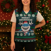 Merry Sharkmas Christmas Knitted V-Neck Vest Xmas Holiday Patterns - Wonder Print Shop
