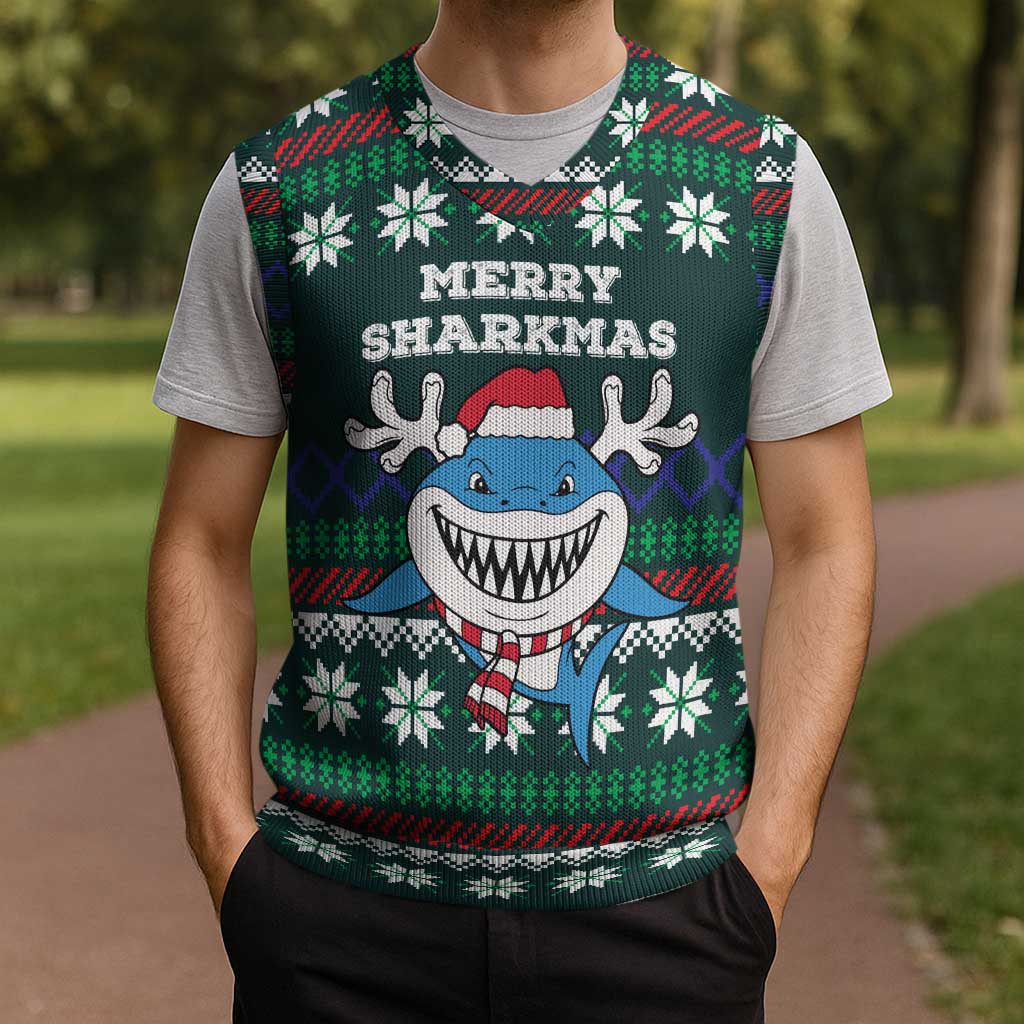 Merry Sharkmas Christmas Knitted V-Neck Vest Xmas Holiday Patterns - Wonder Print Shop