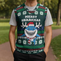 Merry Sharkmas Christmas Knitted V-Neck Vest Xmas Holiday Patterns - Wonder Print Shop