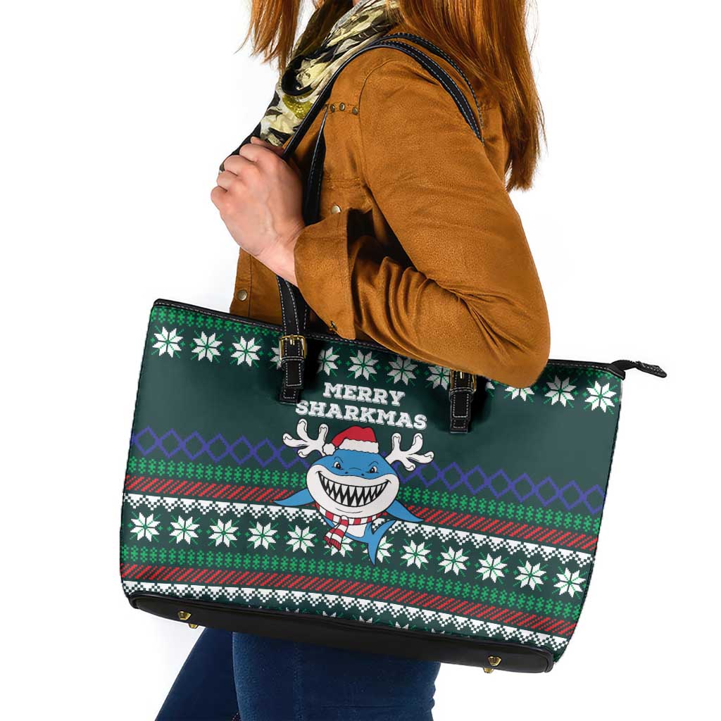 Merry Sharkmas Christmas Leather Tote Bag Xmas Holiday Patterns - Wonder Print Shop