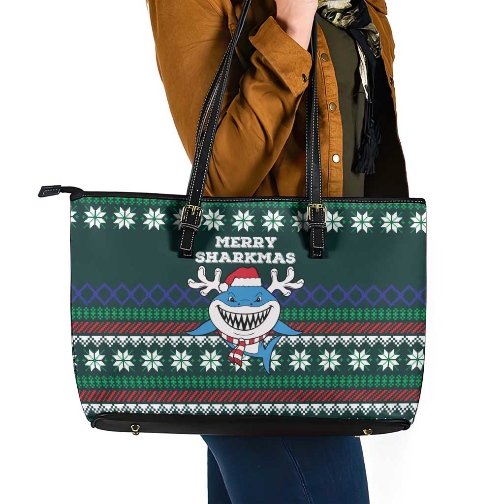 Merry Sharkmas Christmas Leather Tote Bag Xmas Holiday Patterns - Wonder Print Shop