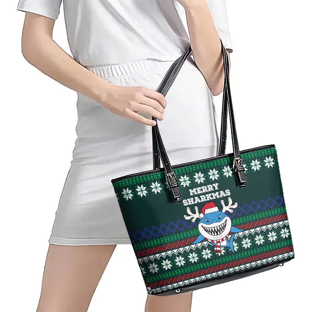 Merry Sharkmas Christmas Leather Tote Bag Xmas Holiday Patterns - Wonder Print Shop