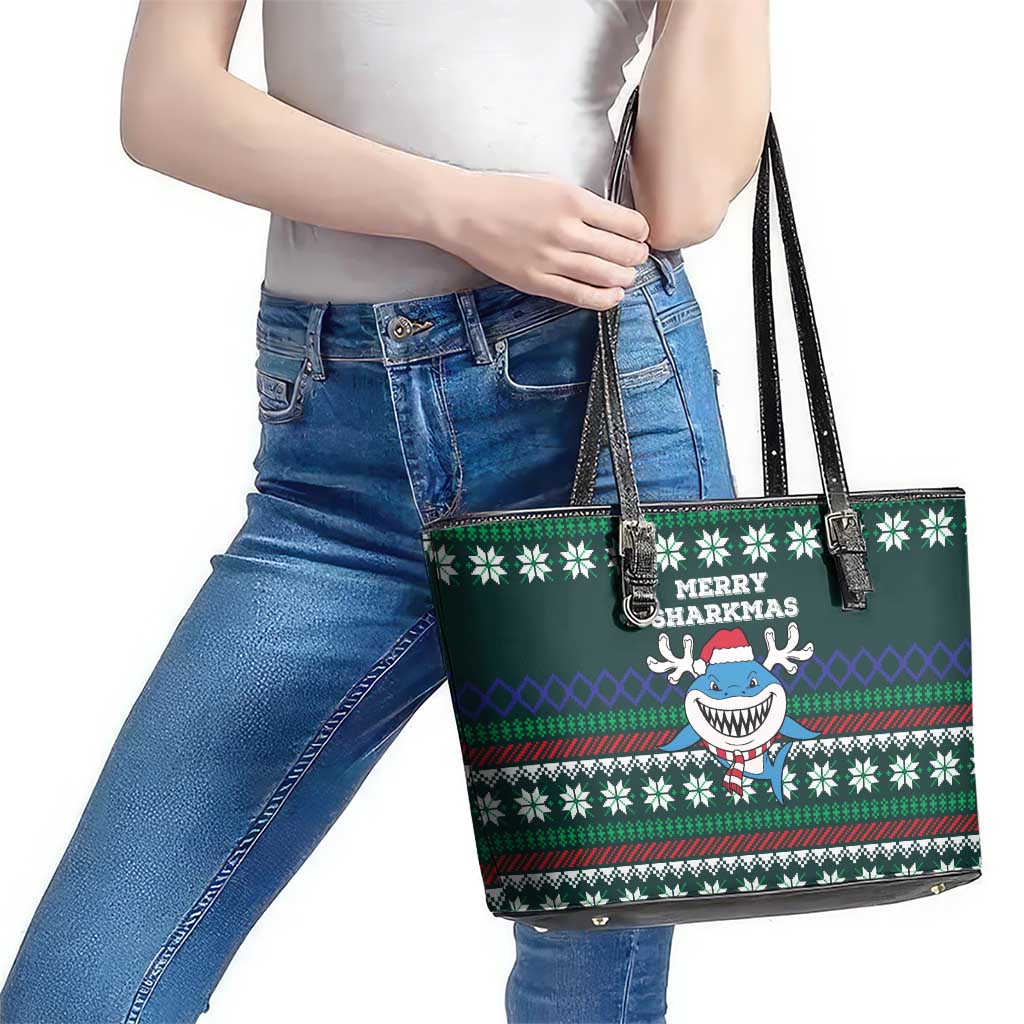Merry Sharkmas Christmas Leather Tote Bag Xmas Holiday Patterns - Wonder Print Shop