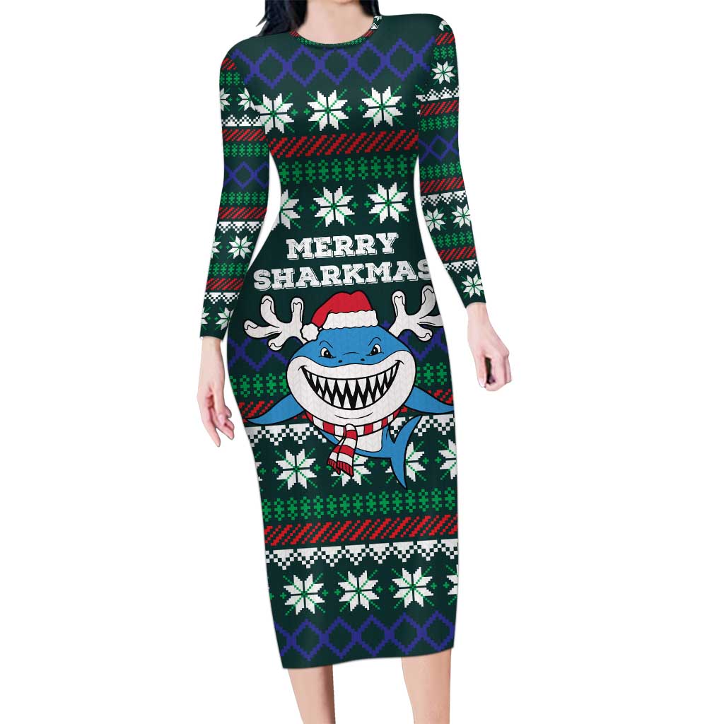 Merry Sharkmas Christmas Long Sleeve Bodycon Dress Xmas Holiday Patterns - Wonder Print Shop