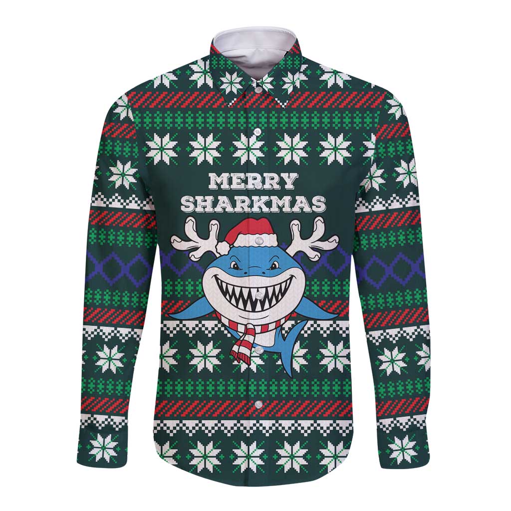 Merry Sharkmas Christmas Long Sleeve Button Shirt Xmas Holiday Patterns - Wonder Print Shop