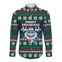 Merry Sharkmas Christmas Long Sleeve Button Shirt Xmas Holiday Patterns - Wonder Print Shop